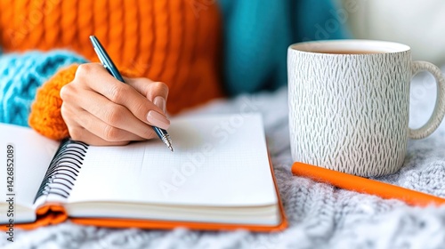 Obraz na płótnie A hand writes notes in a notebook while holding a sparkling pen, accompanied by a warm drink in an artistic mug. The colorful sweater adds a cozy feel to the comfortable atmosphere w salonie