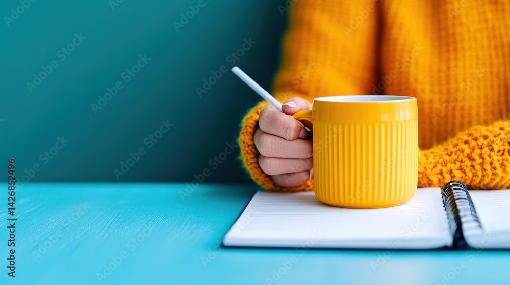 A person in a warm yellow sweater holds a yellow mug while sitting at a bright blue table. A notebook lies open, ready for notes or sketches, creating a calm, creative atmosphere