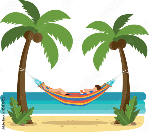 Relaxing woman lying in colorful hammock between palm trees on tropical beach vector illustration 