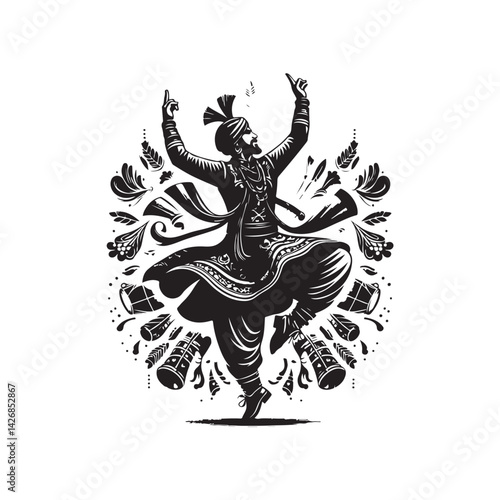 Black Color Bhangra Silhouette Vector Illustration, Solid White Background