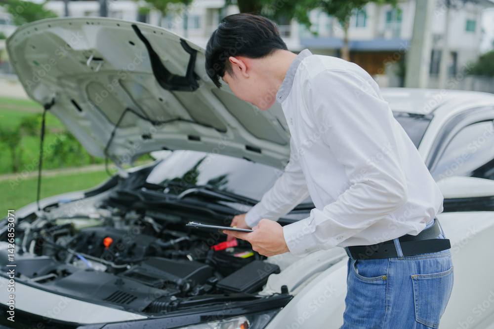 Handsome Asian man fixing broken car on the side of the road. Man having trouble with his broken car on the side of the road. Man looking under the hood of his car. Broken car on the expressway. Roads Handsome Asian man fixing broken car on the side of the road. Man having trouble with his broken car on the side of the road. Man looking under the hood of his car. Broken car on the expressway. Roads