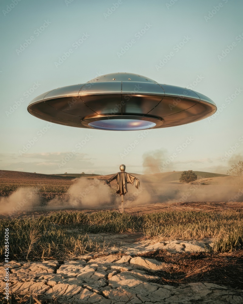 Obraz premium UFO hovering over a scarecrow in an open field during sunset
