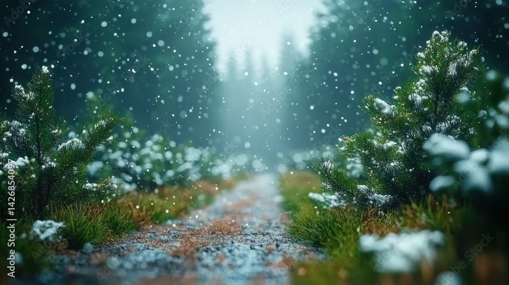 Snowy path through a misty forest Snowy path through a misty forest
