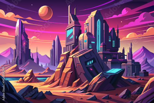 Futuristic Modern City Landscape with neon lights and towers and buildings, city with unusual fantastic multistorey buildings. Cartoon vector landscape of future cyber high technology downtown