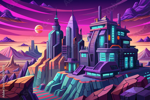 Futuristic Modern City Landscape with neon lights and towers and buildings, city with unusual fantastic multistorey buildings. Cartoon vector landscape of future cyber high technology downtown