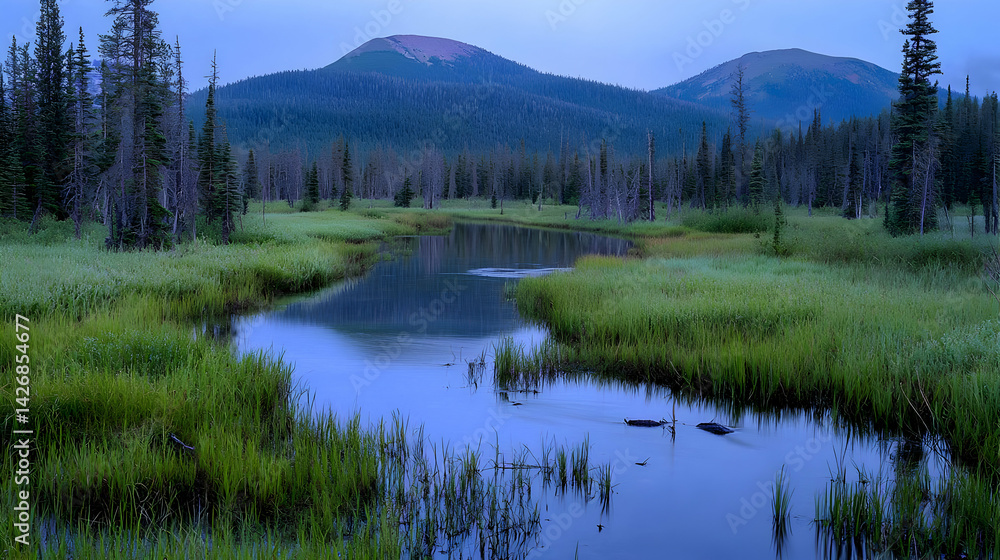 Obraz premium Tranquil Mountain Lake Scene With Lush Forest And Gentle River