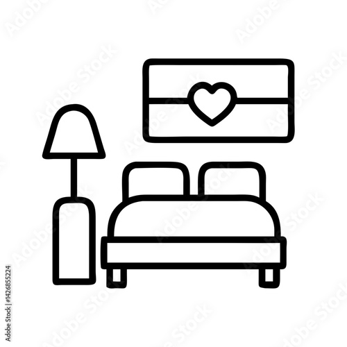 Bedroom interior design with bed, lamp, heart decor, home furniture, modern style, and cozy room concept