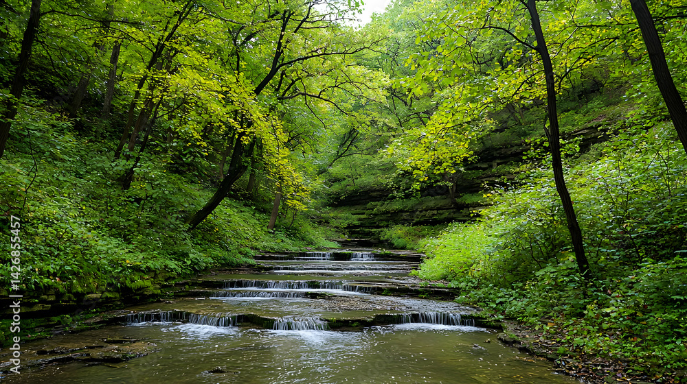 Fototapeta premium Green Forest Waterfall Landscape