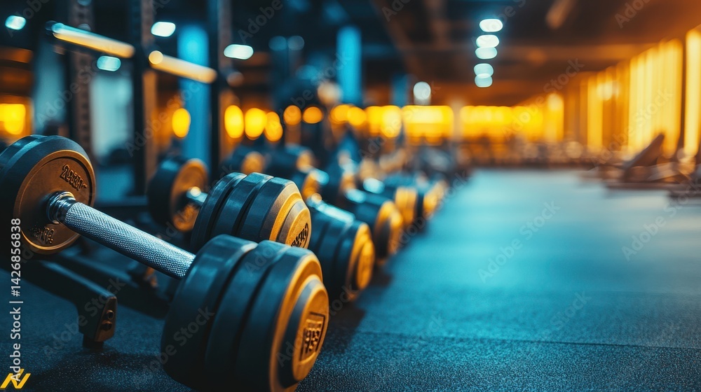 Obraz premium A row of dumbbells neatly arranged in a gym, accompanied by several weight bars, highlighting the well-organized and functional workout area.