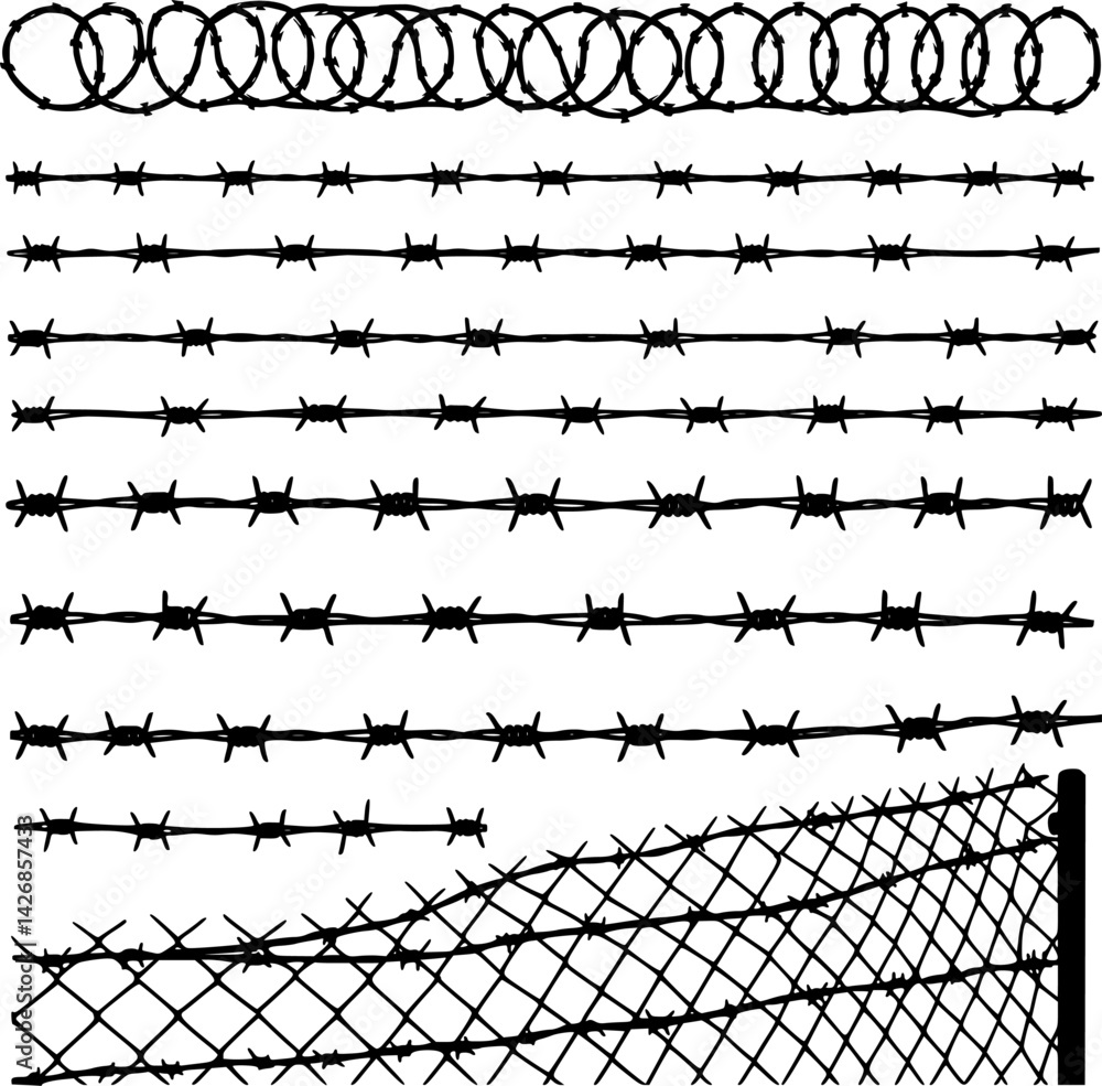 Barbed wire collection silhouette vector. Barbed wire metallic border elements, barb wire set, barb wire icon. Barbed wire fence on the border silhouette illustration Barbed wire collection silhouette vector. Barbed wire metallic border elements, barb wire set, barb wire icon. Barbed wire fence on the border silhouette illustration