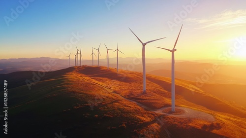 Wind Turbine on Hill at Sunset