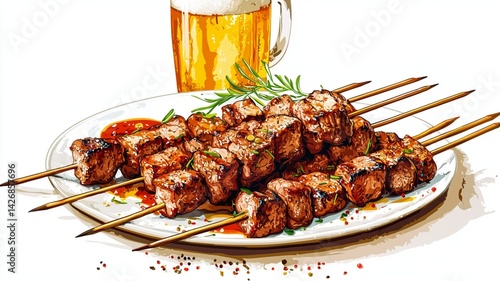 water colored grilled meat on the barbecue. genrative ai
