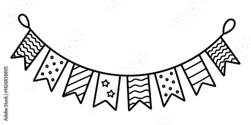 Party bunting flags vector illustration. Hand-drawn doodle style festive banner garland. Black line art isolated on white background.