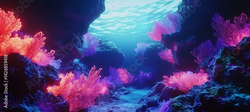 Fototapeta Naklejka Na Ścianę i Meble -  A futuristic holographic coral reef glowing beneath a neon-infused sea
