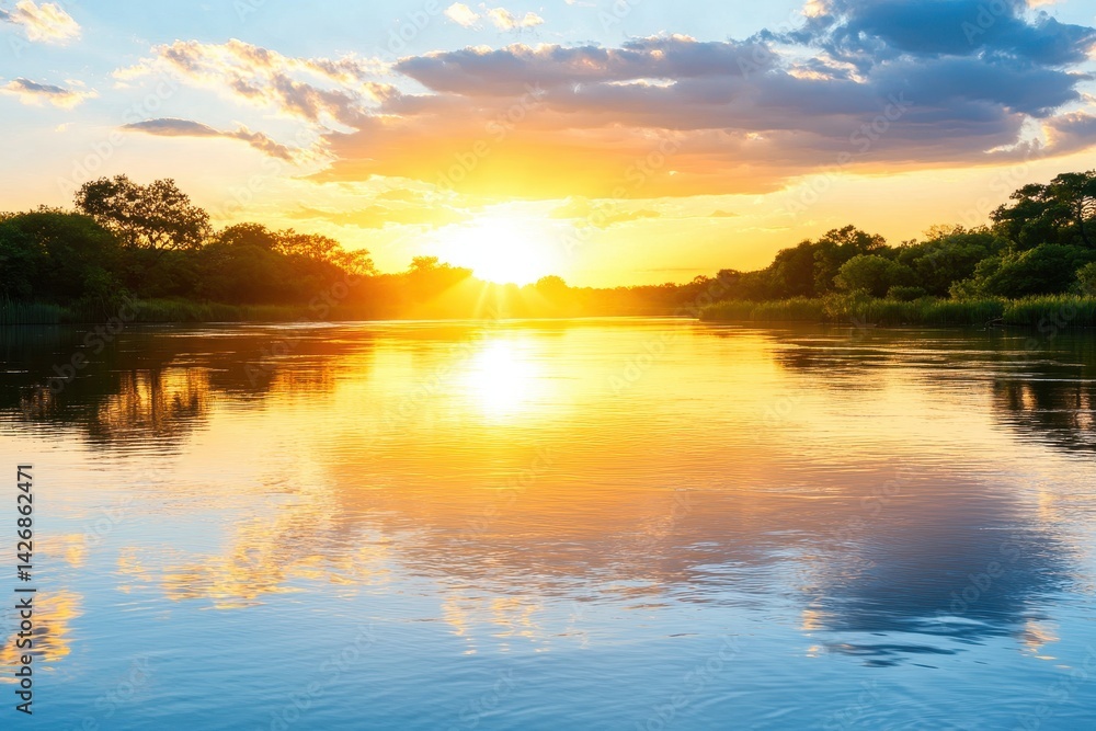 Fototapeta premium A serene sunset over a calm river, with vivid colors reflecting on the water and lush greenery lining the banks.