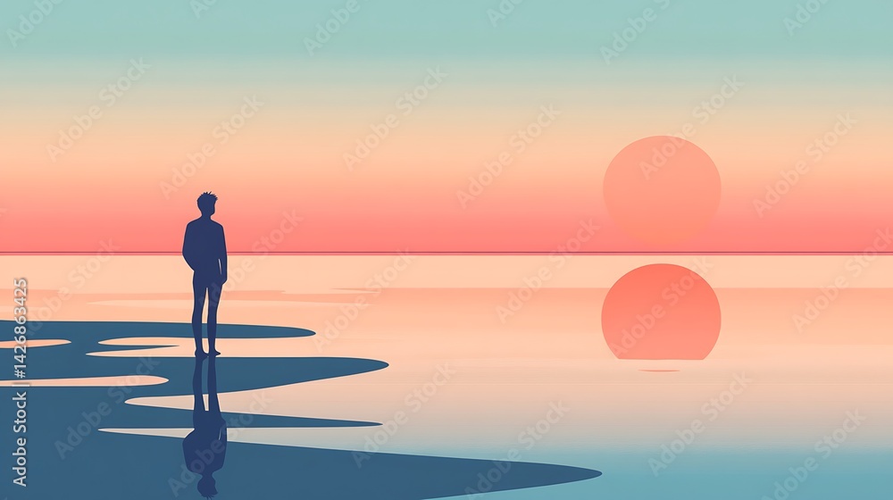 Man watching sunset ocean beach.