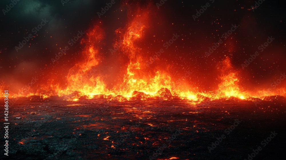 Fiery Eruption with Lava Flow and Dramatic Smoky Sky Background Fiery Eruption with Lava Flow and Dramatic Smoky Sky Background