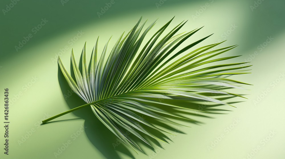 Palm leaf on a green surface with shadow. Stylish background for presentation.