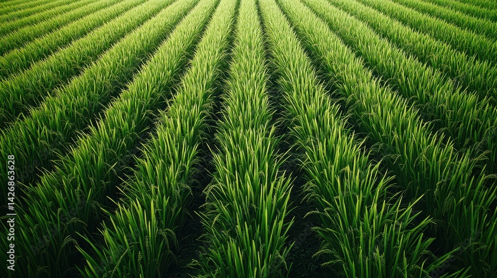 A serene background view of farmers' lush green rice fields stretches across the landscape. A serene background view of farmers' lush green rice fields stretches across the landscape.