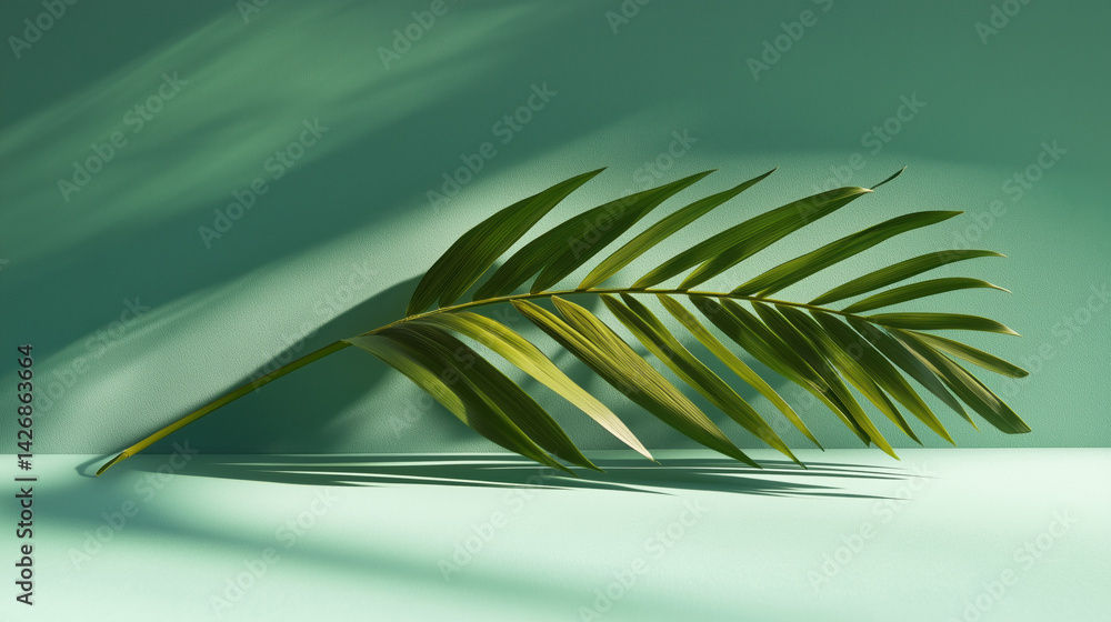 Palm leaf on a green surface with shadow. Stylish background for presentation.