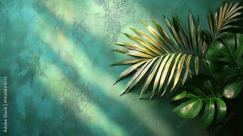 Palm leaf on a green surface with shadow. Stylish background for presentation.