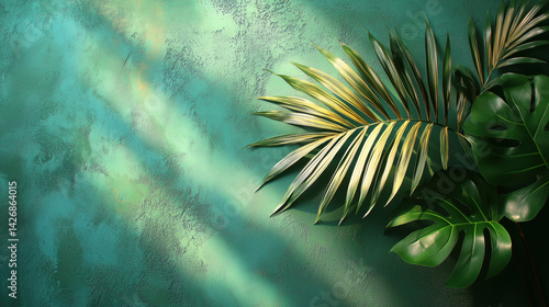 Obraz na płótnie Palm leaf on a green surface with shadow. Stylish background for presentation.
w salonie
