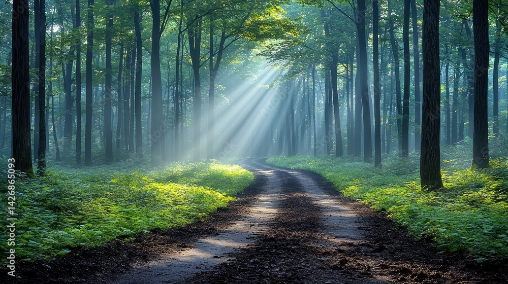 Obraz premium Sunbeams pierce a misty forest path