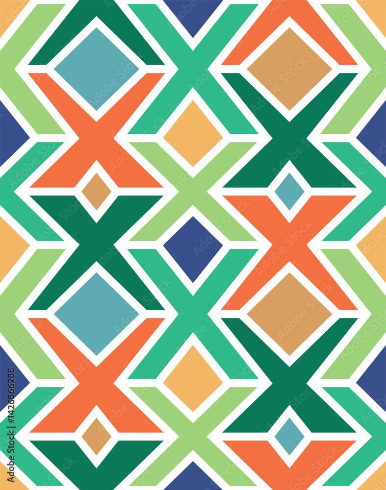Seamless geometric pattern with multicolored geometric shapes outlined with a white stroke. Modern style. Vibrant summer colors. Abstract vector illustration. Seamless geometric pattern with multicolored geometric shapes outlined with a white stroke. Modern style. Vibrant summer colors. Abstract vector illustration.
