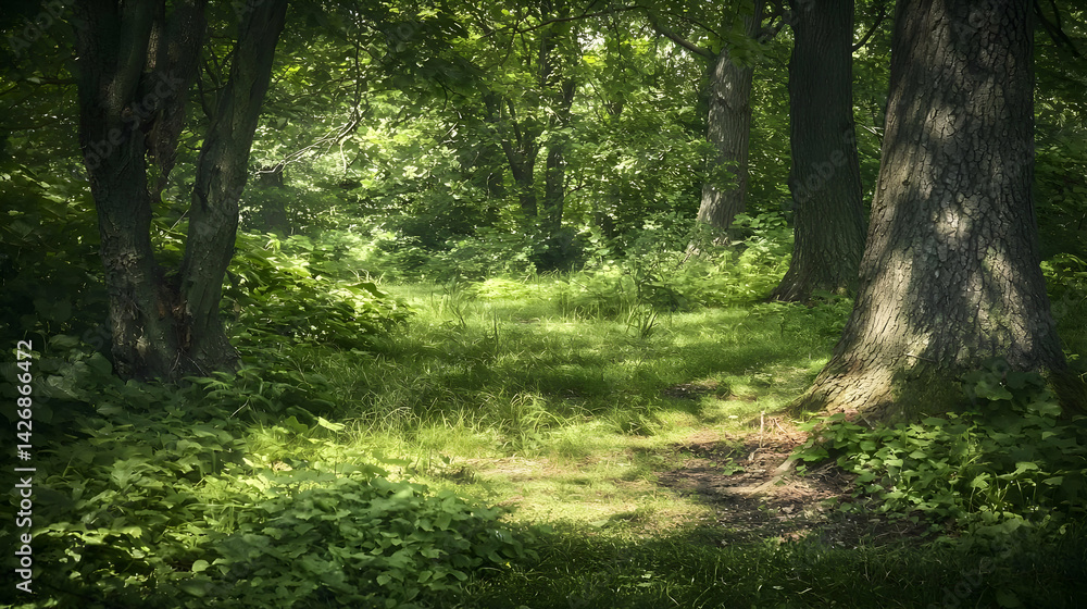 Fototapeta premium Sunlight Filtering Through Lush Forest Path