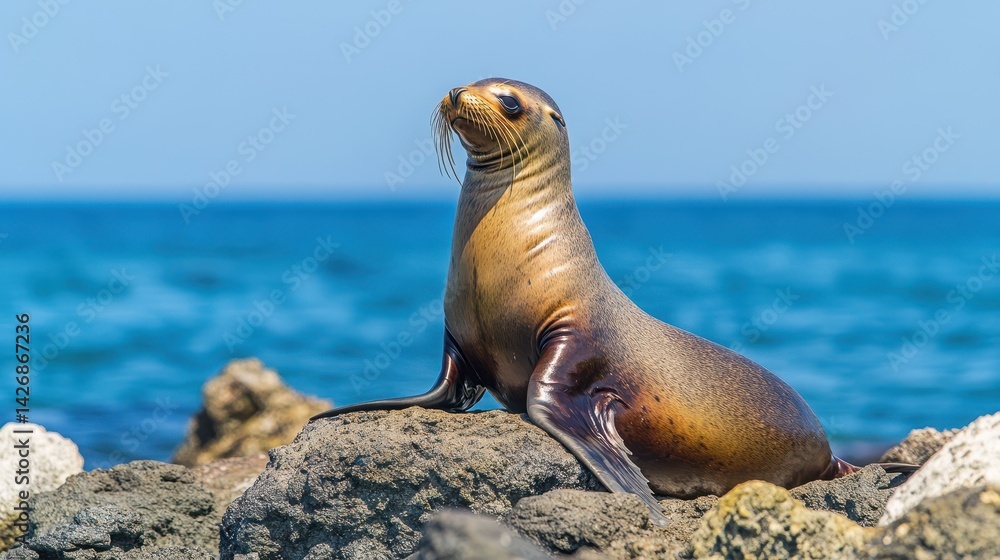 Obraz premium A serene image of a sea lion lounging on a rocky shore.