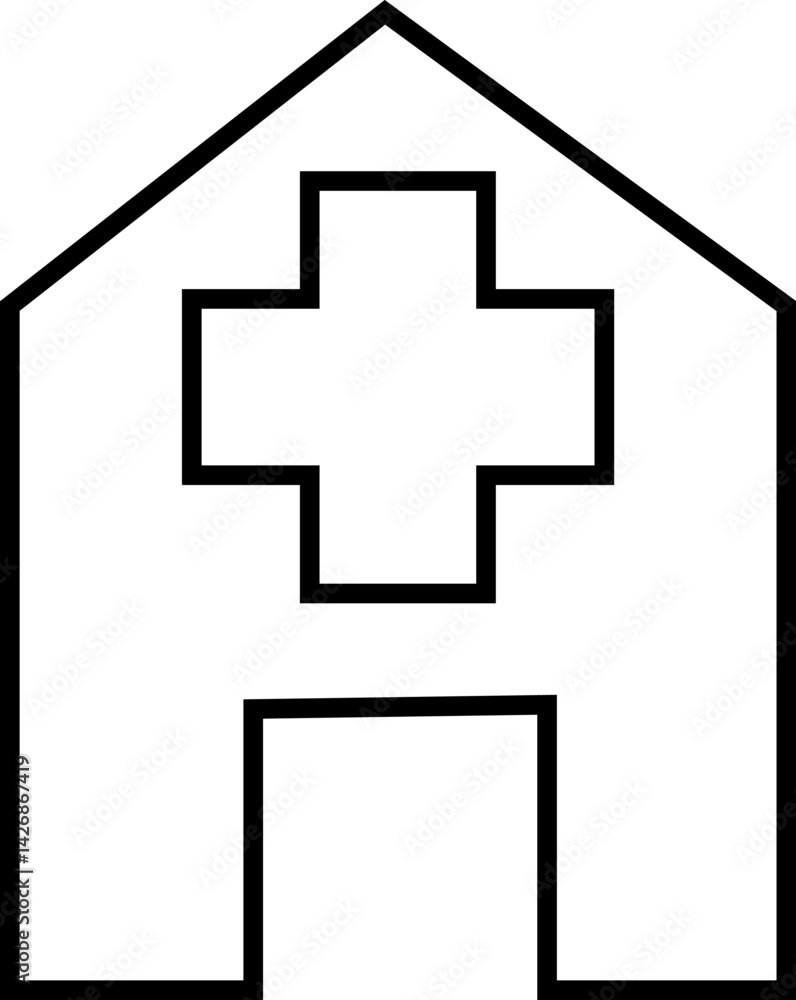 Obraz premium Hospital Building Icon with Medical Cross for Healthcare Facility – Transparent Background.