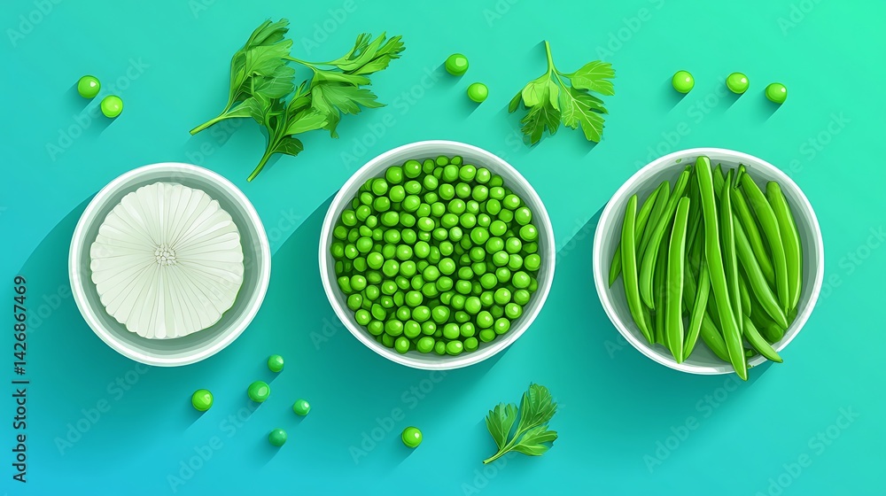Green vegetables with flat lay, and food.