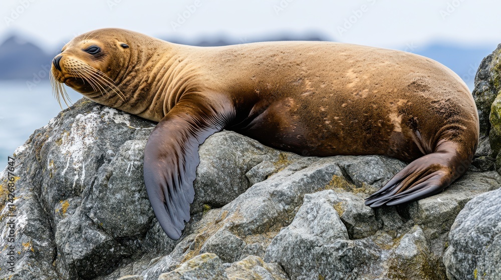 Fototapeta premium A serene image of a sea lion lounging on a rocky shore.