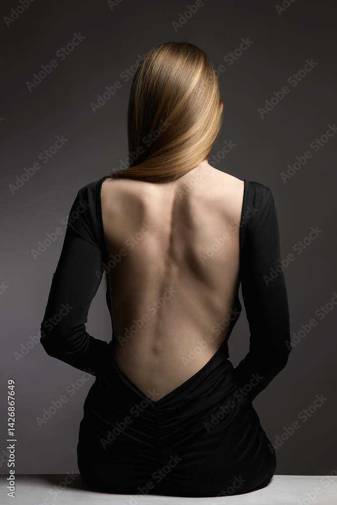 Beautiful Naked Back of blond Girl. Woman in Sexual elegant black dress