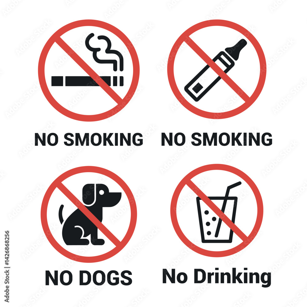 Prohibition Signs Illustrating Restrictions On Smoking,Vaping,Dogs,And Drinking In Designated Areas Promote A Safe Environment Prohibition Signs Illustrating Restrictions On Smoking,Vaping,Dogs,And Drinking In Designated Areas Promote A Safe Environment