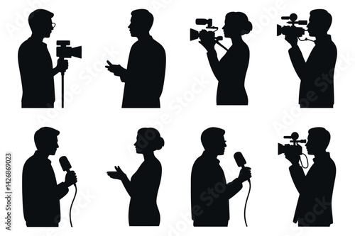Silhouettes Of Reporters And Camera Operators In Various Poses For News Gathering And Media Coverage Purposes