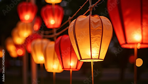 Festive Red and Orange Lanterns Glowing Warmly Against Dark Background