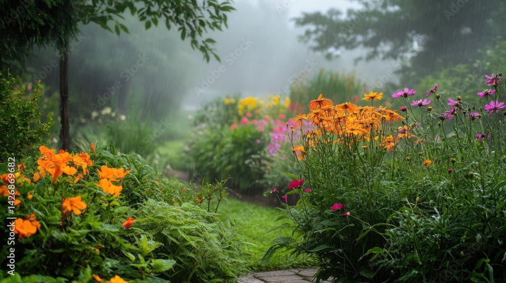 Fototapeta premium A serene morning scene showcasing a variety of beautiful flower plants bathed in soft, natural light.