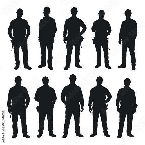 Construction Worker Silhouette Vector Group Of Men Wearing Hard Hats And Work Clothes Uniforms In Various Poses On White Background