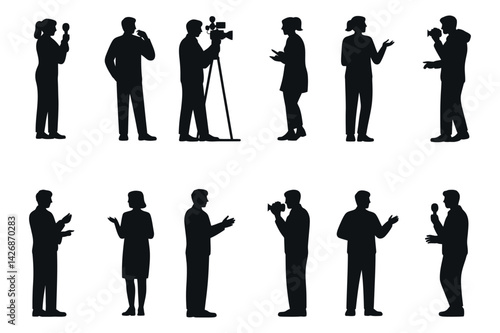 Diverse Professionals Silhouette Set At Conference,Media Event,News Gathering And Discussion In Black Color Vector Set
