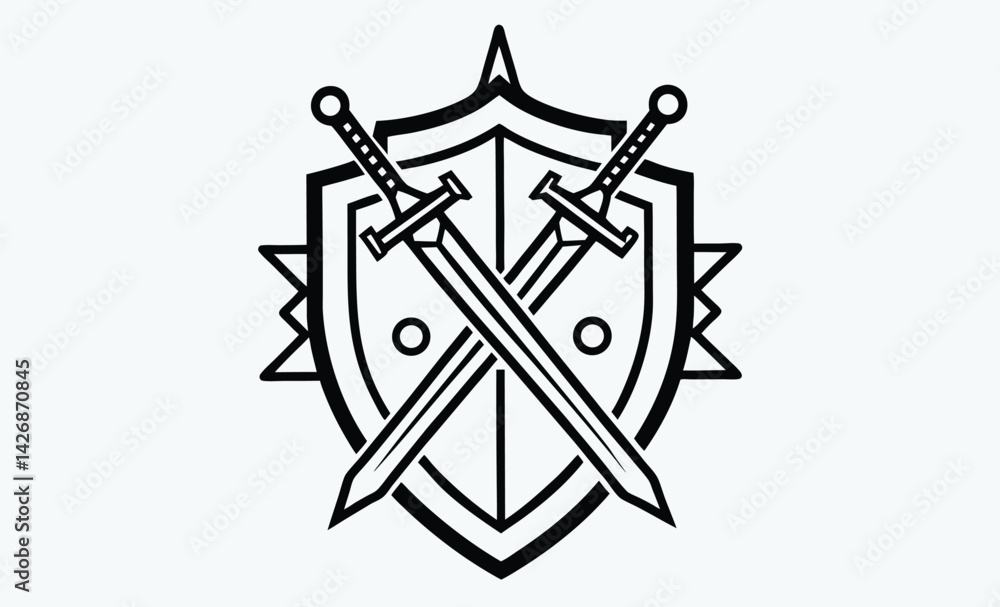 Shield and swords silhouette, shield silhouette,shield with swords black vector illustration Shield and swords silhouette, shield silhouette,shield with swords black vector illustration