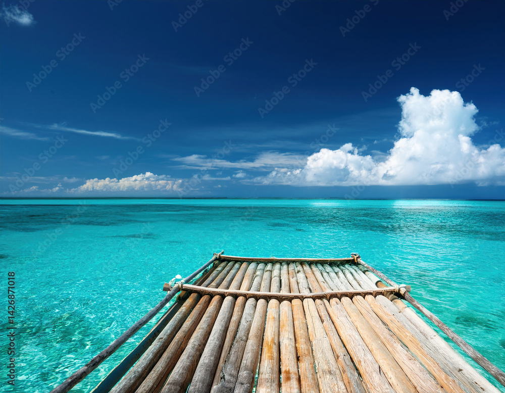 Fototapeta premium A wooden raft gently floats atop crystal-clear turquoise waters under a vast, deep blue sky, inviting peaceful reflection, adventure, and a connection with untouched nature.