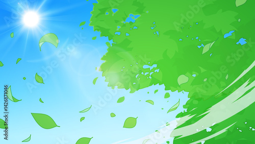 風が吹いて葉っぱが舞う背景イラスト_太陽_16:9