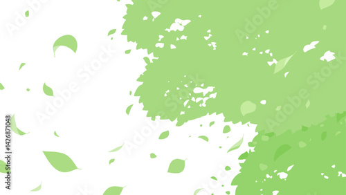 木と葉っぱが舞う背景イラスト_16:9