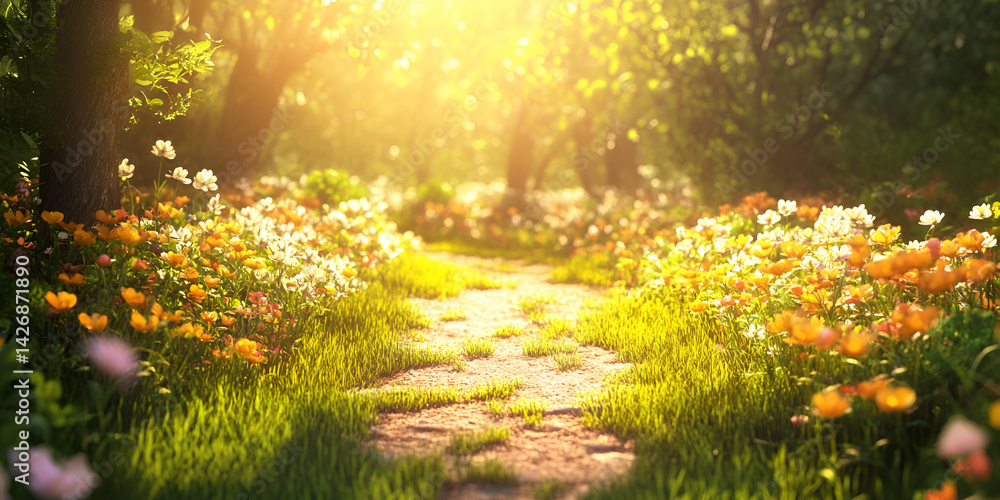Fototapeta premium Sunny Path Through Spring Meadow with Daisies