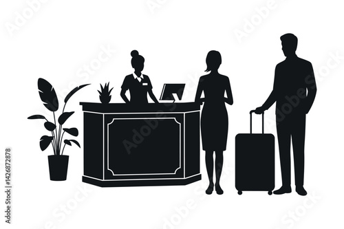 Hotel Reception Silhouette Couple Checking In Staff At Desk Travel Accommodation Minimalist Design Guest Services Elegant Potted Plant Decoration