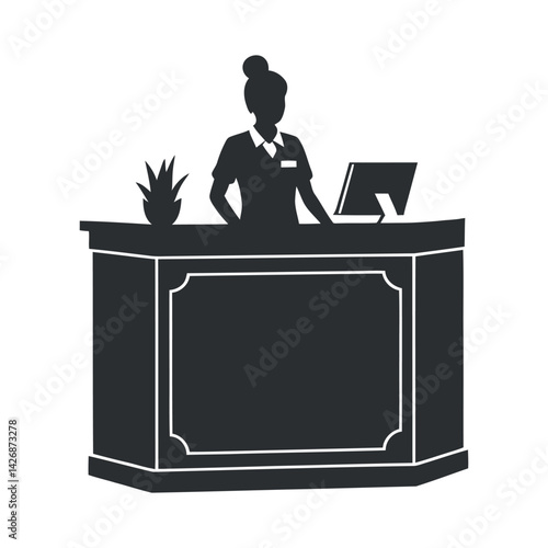 Receptionist At Desk Silhouette In Minimalist Style With Plant And Monitor Illustration Vector