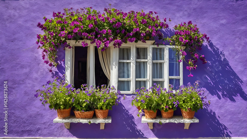 purple wall with  window decorated by purple flowers, Generative AI