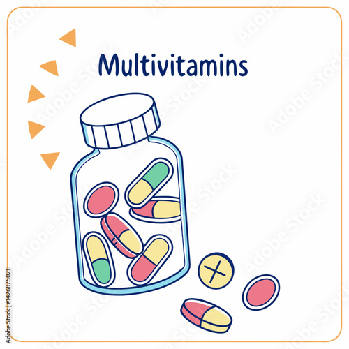 Colorful multivitamin capsules in a bottle  