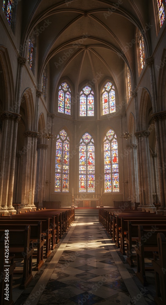 Fototapeta premium Stained Glass Sanctuary: A grand cathedral interior, bathed in the soft glow of sunlight streaming through stunning stained glass windows, creating an atmosphere of tranquility and awe.
